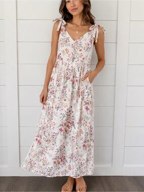 Anthropology Tabitha Webb tie strap white whimsical wild flower maxi dress boho
